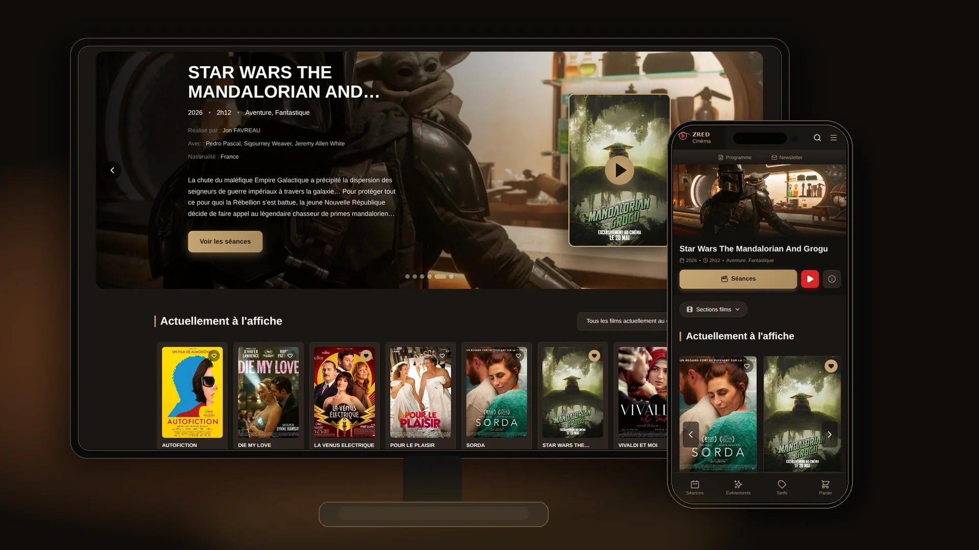 Site web cinéma responsive — affichage desktop et mobile de la billetterie en ligne Zerd Cinéma