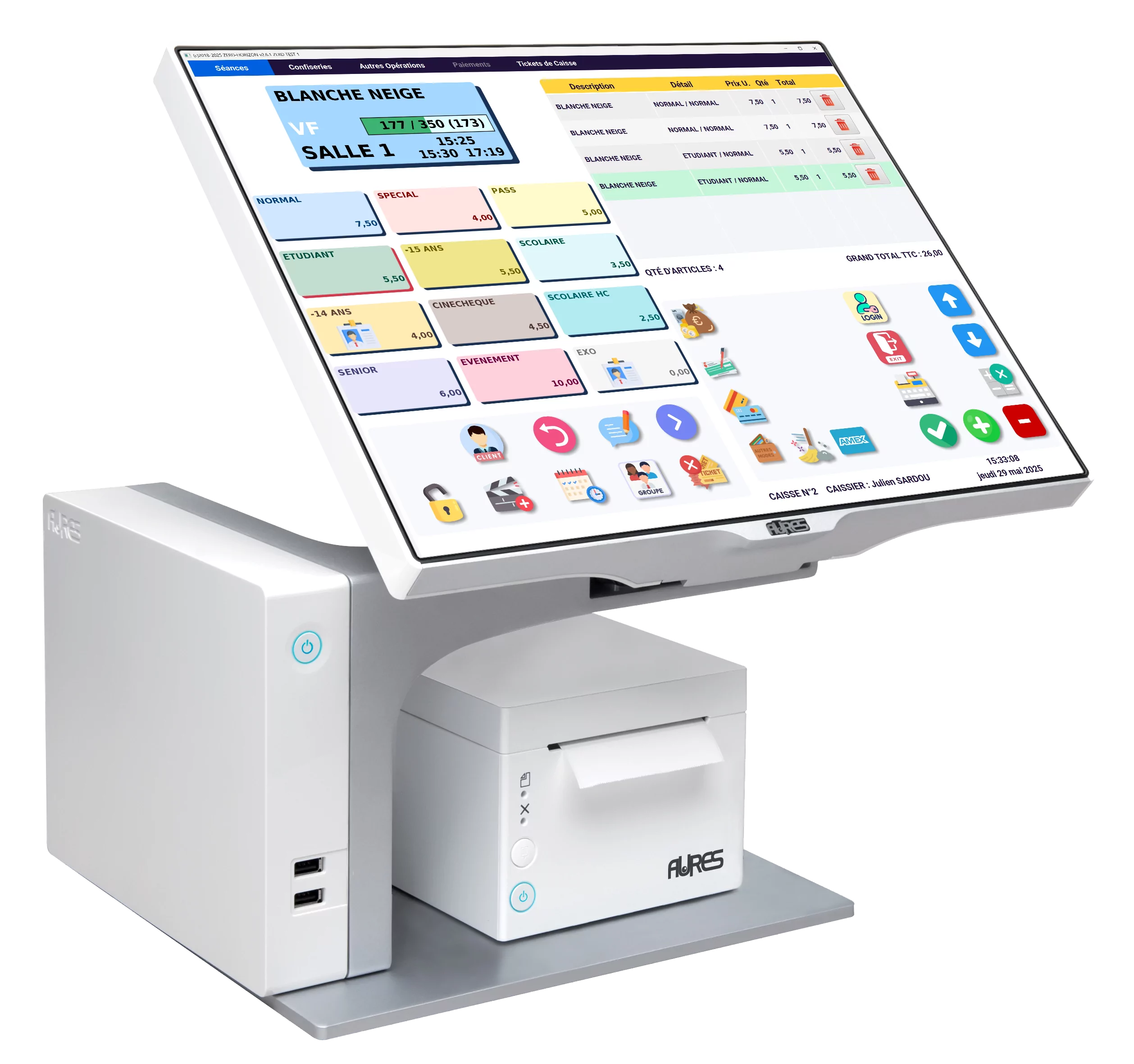 Interface Zerd Ciné - Logiciel de billetterie pour cinémas homologué CNC et WebCinédi avec gestion confiserie